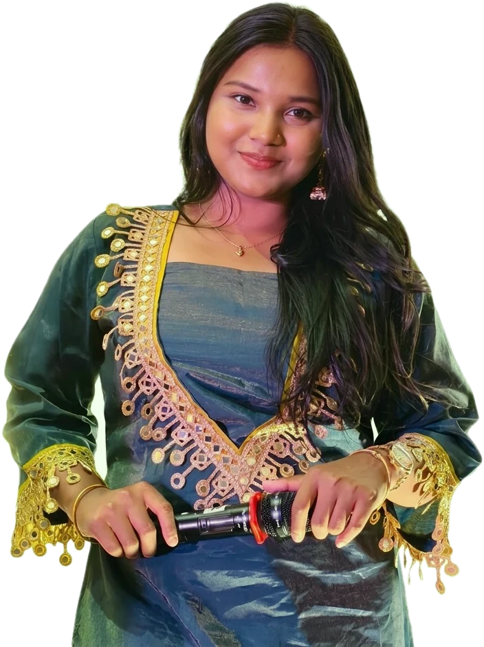 Sonalisa Mishra in a teal outfit holding a microphone