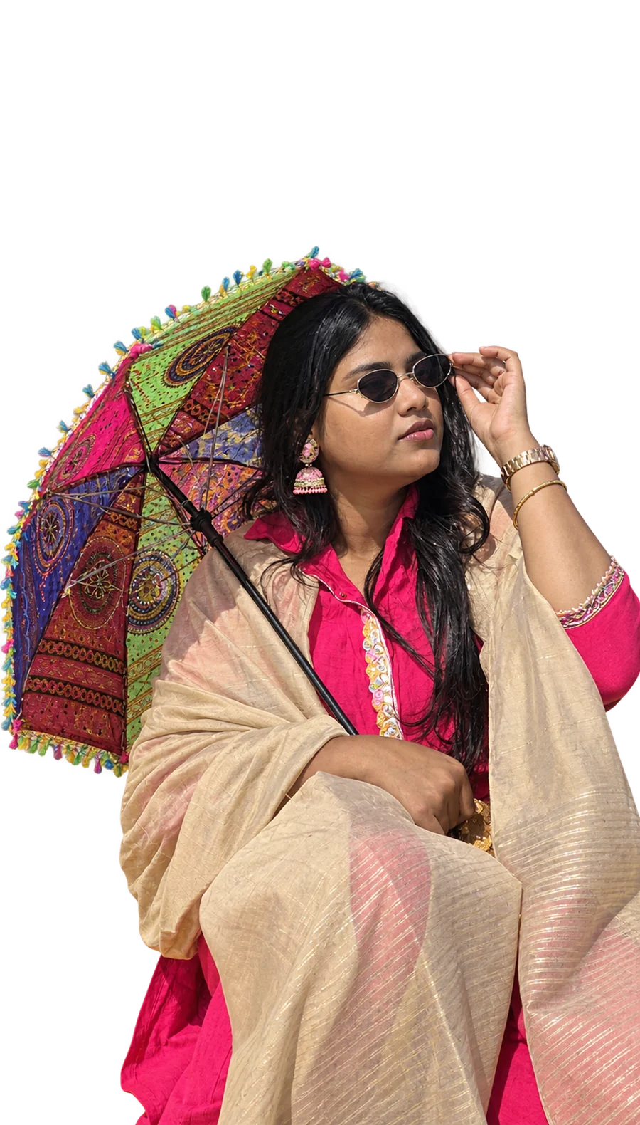 Sonalisa Mishra in a pink kurta with an embroidered umbrella